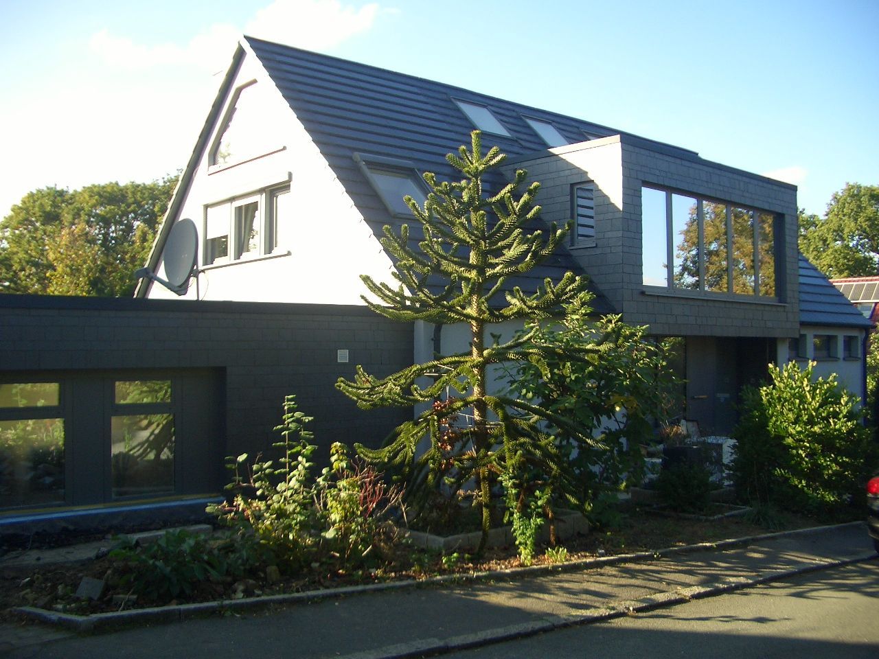 Modernes graues Haus mit dunklem Dach, großen Fenstern und einem sonnigen Vorgarten