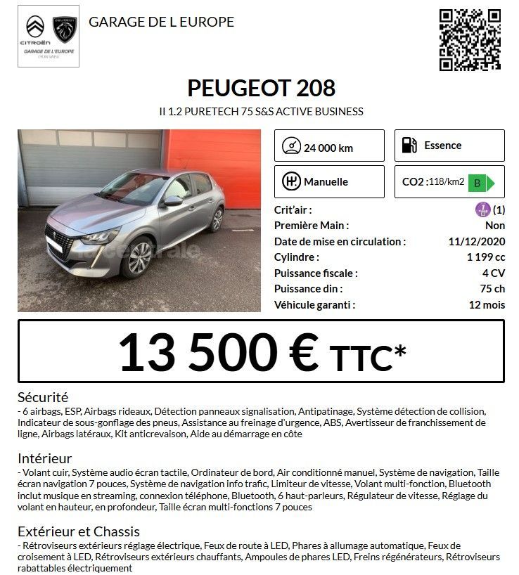 annonce véhicule d'occasion Peugeot 208 75ch 35500kilometres 13500€