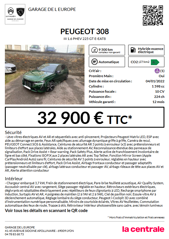 annonce 308 hybride rechargeable 225 chevaux coloris vert finition GT 32900€ premiere main a saisir