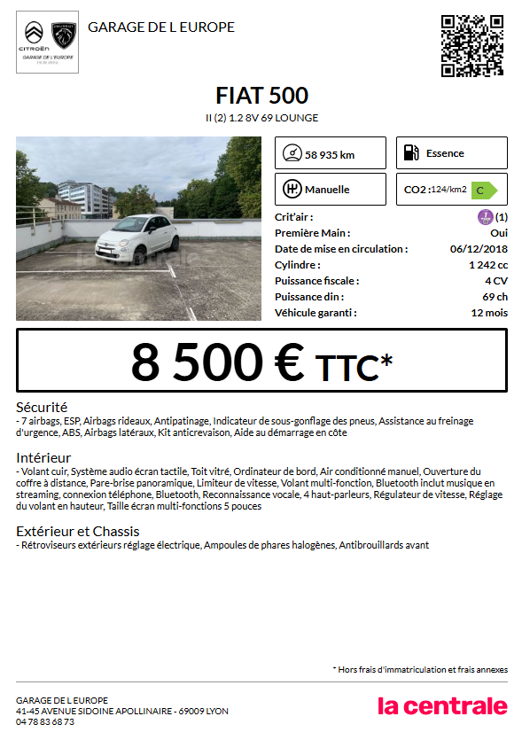 ANNONCE FIAT 500 BLANCHE 8500€