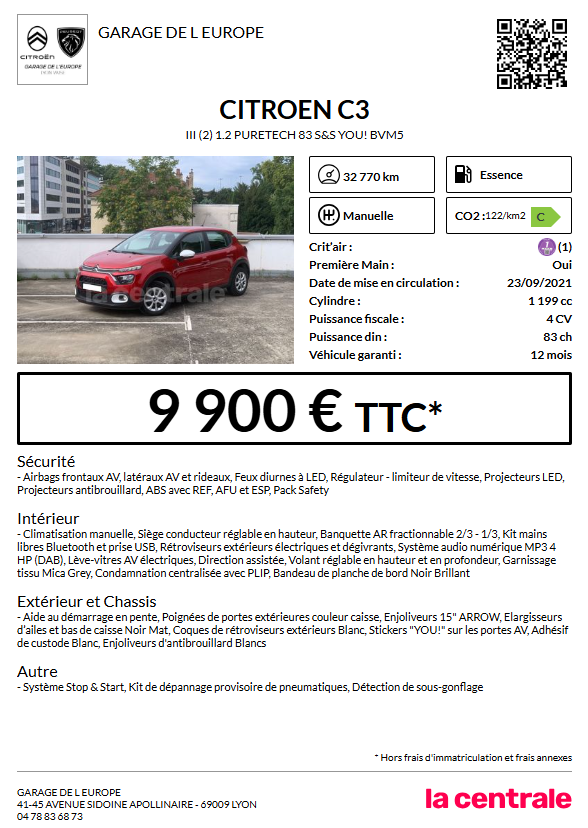 ANNONCE CITROEN C3 YOU 82CH ESSENCE ROUGE 9900€