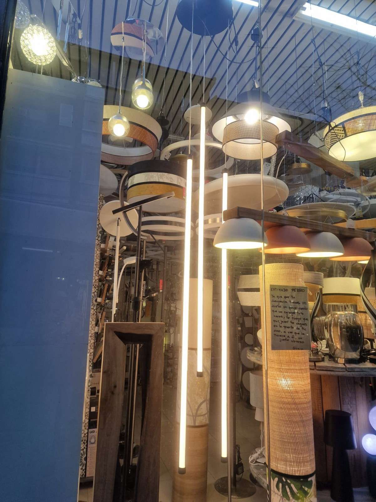 Un escaparate con varias lámparas colgantes modernas y tubos LED verticales largos y luminosos.