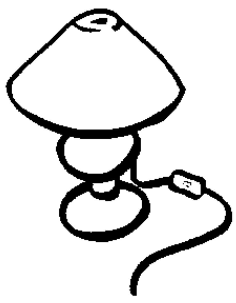 Dibujo lineal en blanco y negro de una l&aacute;mpara de mesa con una pantalla ancha, una base redondeada