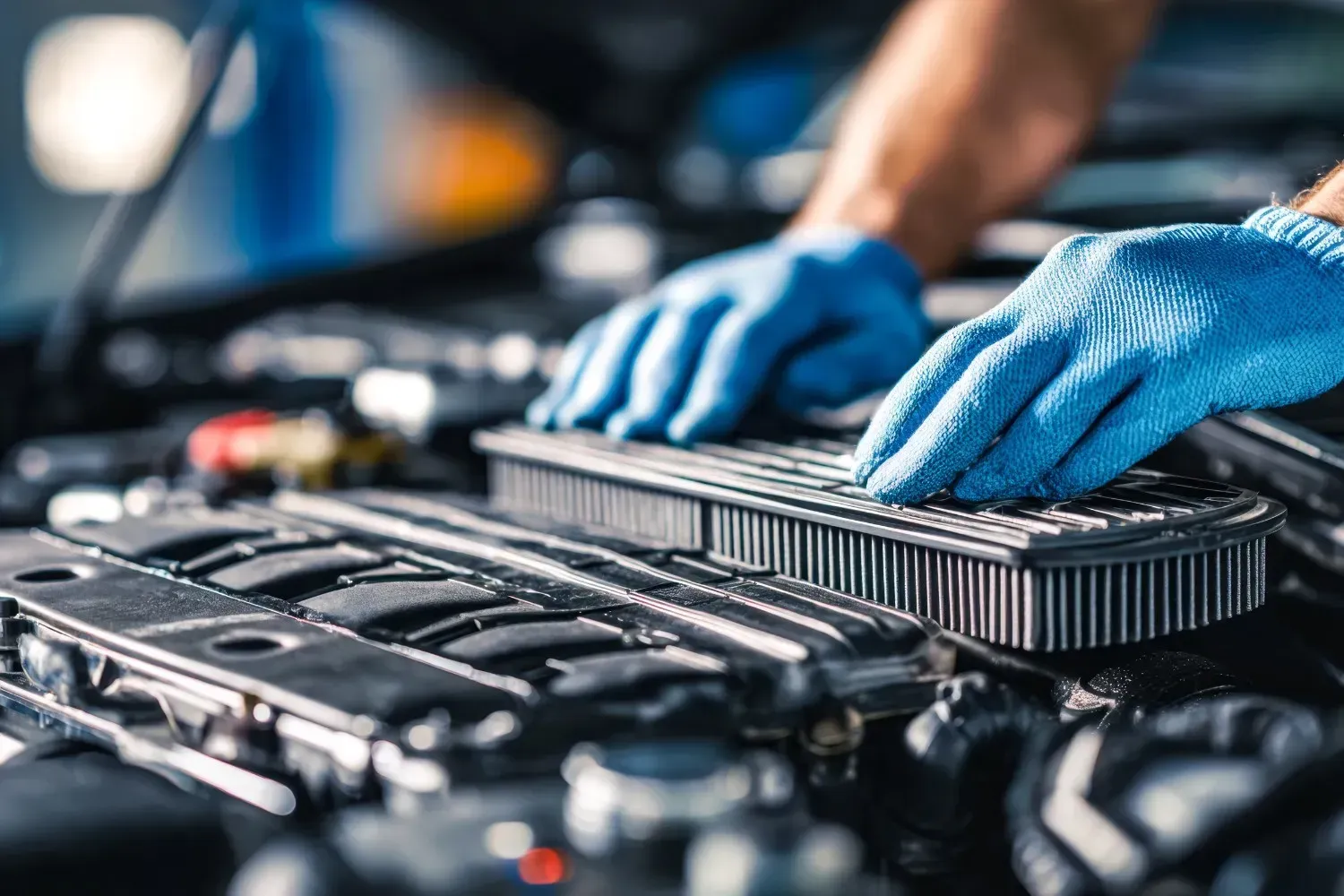 Manos con guantes azules, trabajando en el motor de un automóvil.
