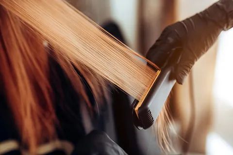 Una mujer se está alisando el cabello con una plancha.