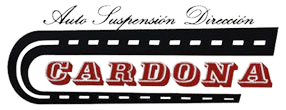 Logotipo de Cardona Auto Suspension Direction, que presenta una forma de carretera estilizada y texto rojo.