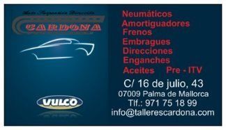 Tarjeta de visita del taller Cardona en Palma de Mallorca. Fondo azul, contorno de coche, logotipo de Vulco, lista de servicios e información de contacto.