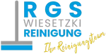 Logo für RGS Wiesetzki Reinigung. Blau und grau, mit Wischmopp und goldenem Schriftzug: „Ihr Reinigungsteam“.