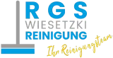 Logo für den Reinigungsservice RGS Wiesetzki in den Farben Blau und Grau. Links ein Reinigungswerkzeug, unten goldener Text.