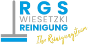 Logo for RGS Wiesetzki Reinigung (Cleaning). Blue and gray text with a mop graphic. Yellow script