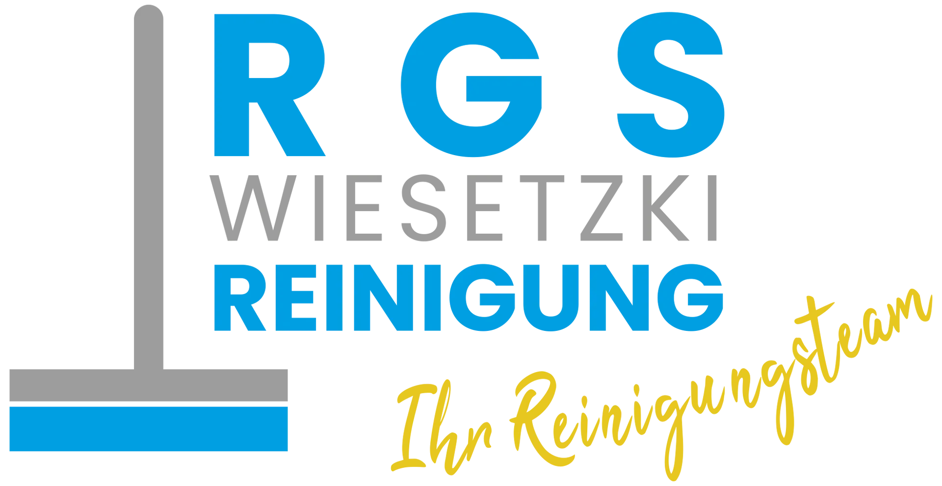 Logo für RGS Wiesetzki Reinigung. Blau und grau, mit Wischmopp und goldenem Schriftzug: „Ihr Reinigungsteam“.