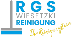 Logo für RGS Wiesetzki Reinigung. Blau und grau, mit Wischmopp und goldenem Schriftzug: „Ihr Reinigungsteam“.