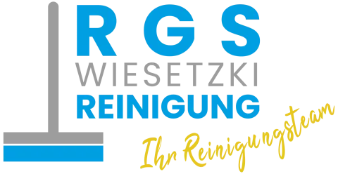 Logo für RGS Wiesetzki Reinigung. Blaue und graue Buchstaben mit einem Symbol für ein Reinigungswerkzeug. Gelber Text: Ihr Reinigungsteam.