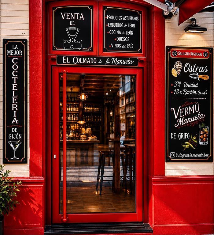 Entrada de bar roja con puerta de cristal y letreros en español que anuncian un bar de tapas y un menú de ostras.