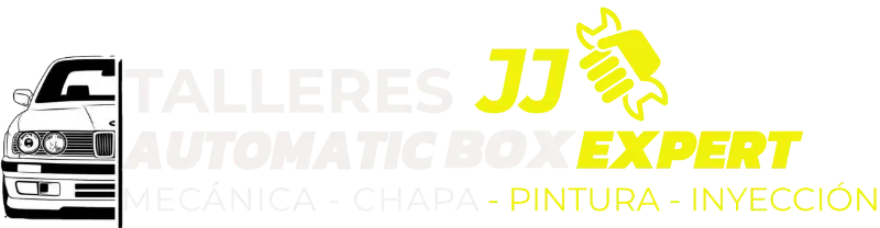 Logotipo de Talleres JJ Expert con un icono de coche y texto amarillo sobre fondo blanco.