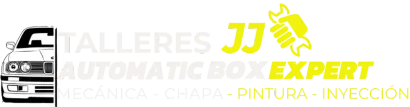 Logotipo de Talleres JJ Expert con un icono de coche y texto amarillo sobre fondo blanco.