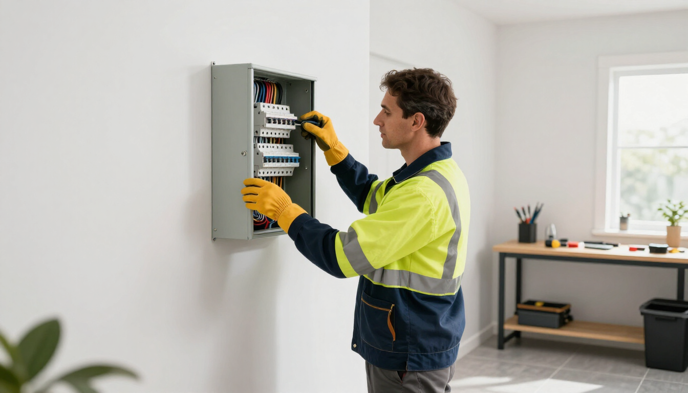 Técnico con guantes amarillos inspeccionando un panel eléctrico en una oficina luminosa.
