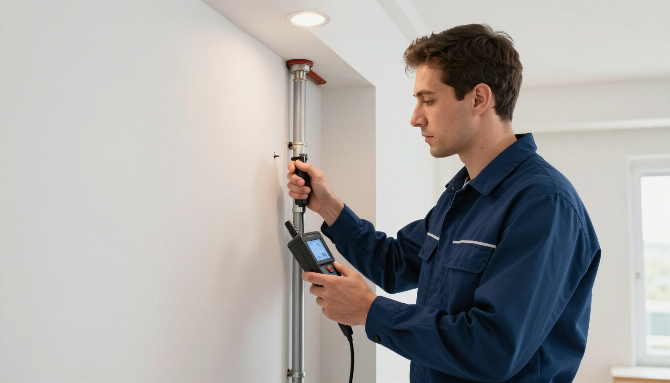 Técnico que utiliza un comprobador de voltaje para inspeccionar el cableado de una pared blanca.