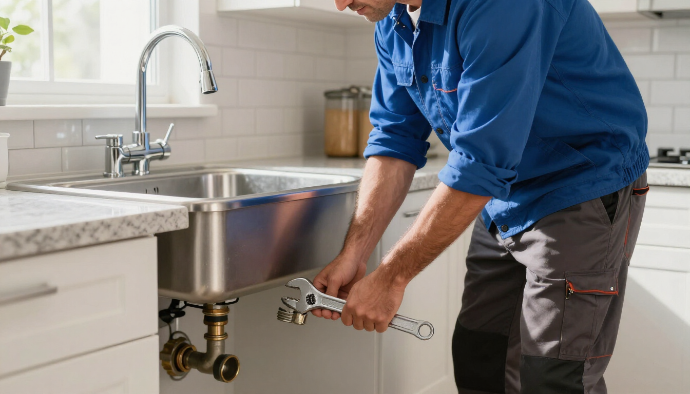 Plomero reparando una tubería de fregadero de cocina debajo de un fregadero de acero inoxidable con herramientas en mano.