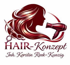 Logo eines bordeauxroten Friseursalons mit Frauenprofil, Schere, Föhn und dem Text „HAIR-Konzept Inh. Kerstin Reek-Kunzig“