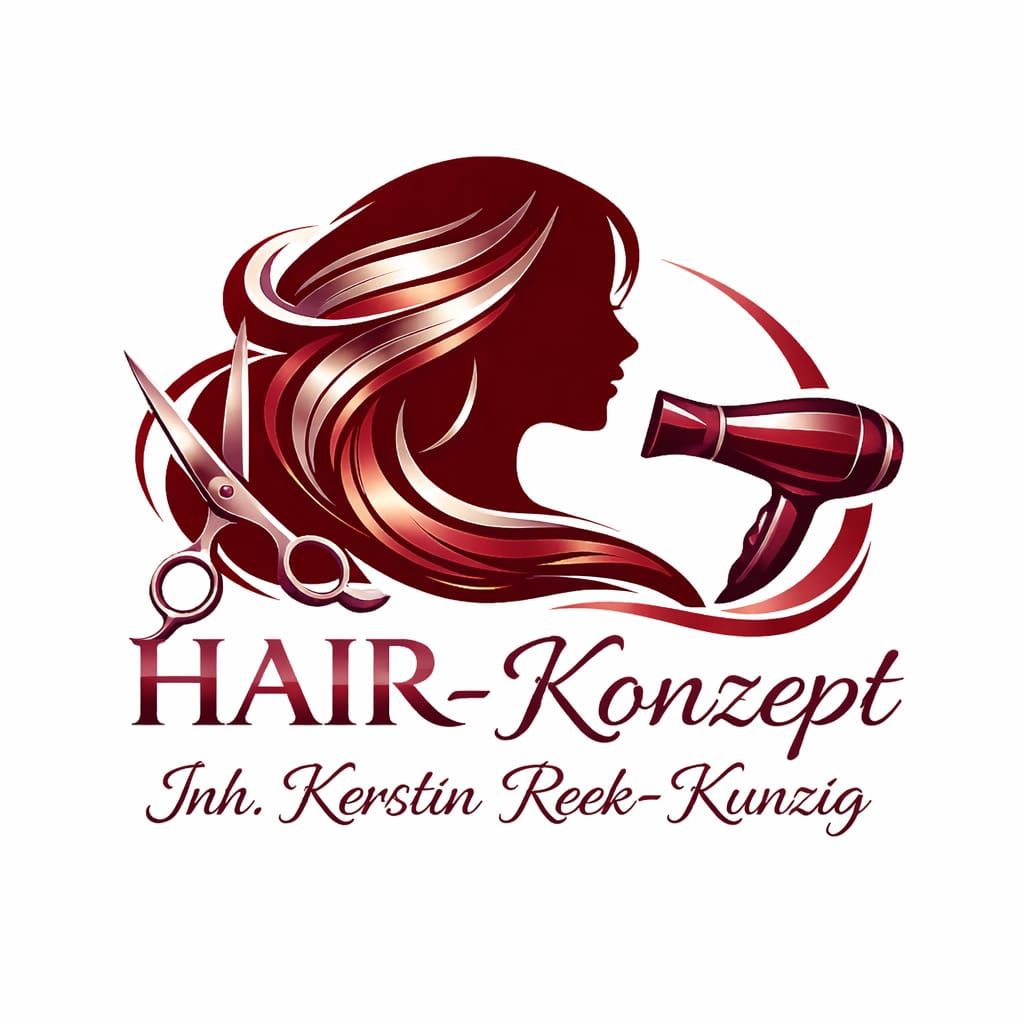 Logo eines bordeauxroten Friseursalons mit Frauenprofil, Schere, Föhn und dem Text „HAIR-Konzept Inh. Kerstin Reek-Kunzig“