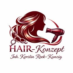 Logo eines bordeauxroten Friseursalons mit Frauenprofil, Schere, Föhn und dem Text „HAIR-Konzept Inh. Kerstin Reek-Kunzig“