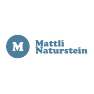 Logo für Mattli Naturstein: Blauer Kreis mit weissem „M“ und dem Text „Mattli Naturstein“.