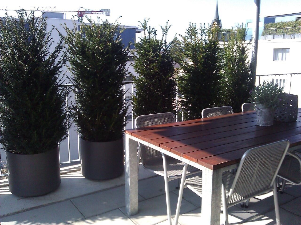 Essbereich im Freien mit dunklem Holztisch, Metallstühlen und grünen Topfsträuchern entlang eines Geländers.