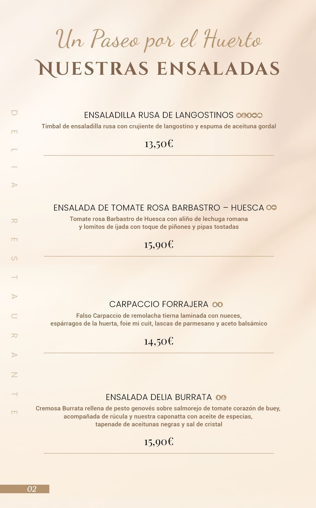 A menu for a restaurant called un paseo por el huerto nuestras ensaladas