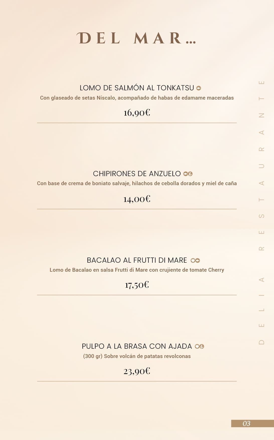 Un menú para un restaurante con tres tipos diferentes de comida.