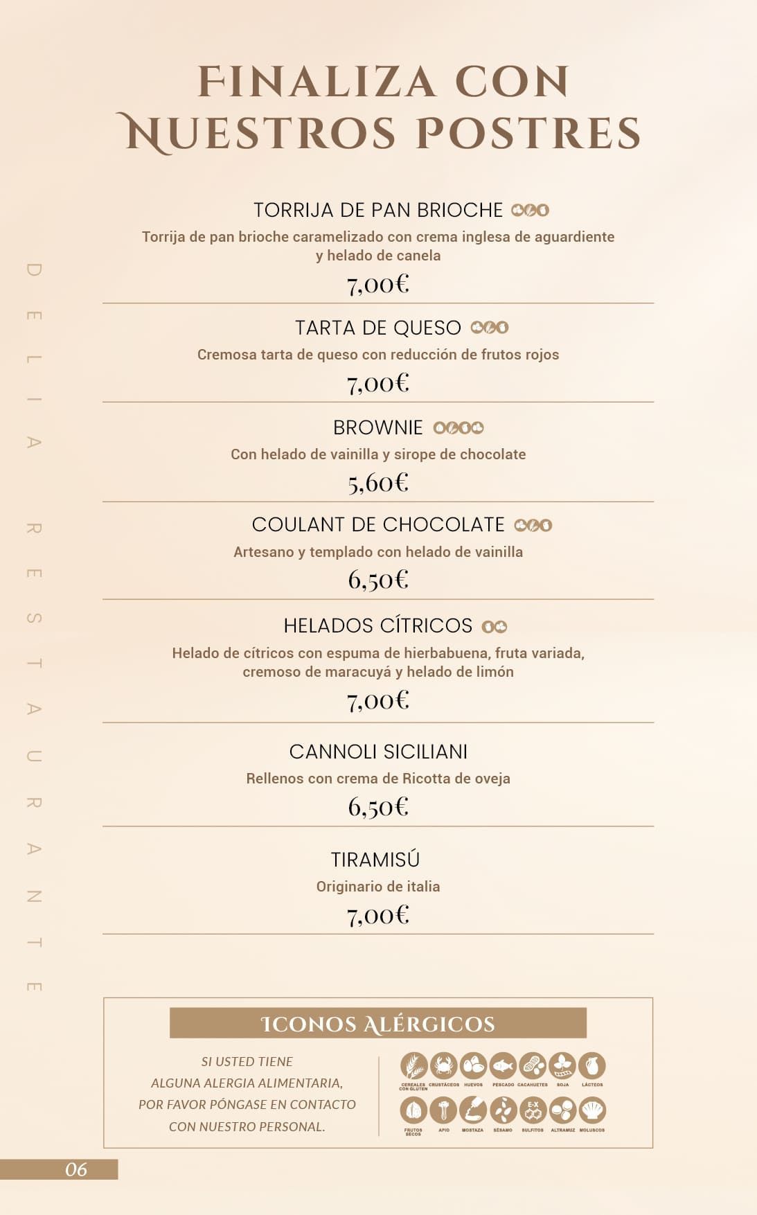 Un menú de un restaurante en español muestra una variedad de postres.