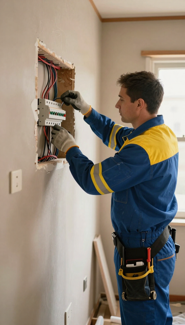 Electricista instalando el cableado de un panel de pared en una habitación, vestido con ropa de trabajo azul y amarilla.
