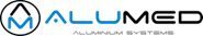 Logotipo de ALUMED Aluminum Systems, texto negro y azul con gráfico circular.