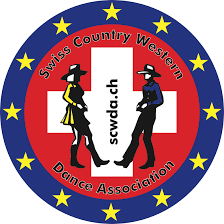 Un logo pour l'association suisse de danse country western avec deux cow-boys et une croix.