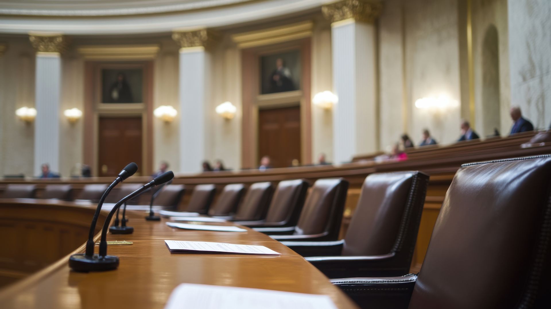 Eine Reihe von Stühlen und Mikrofonen in einem Kongresssaal.