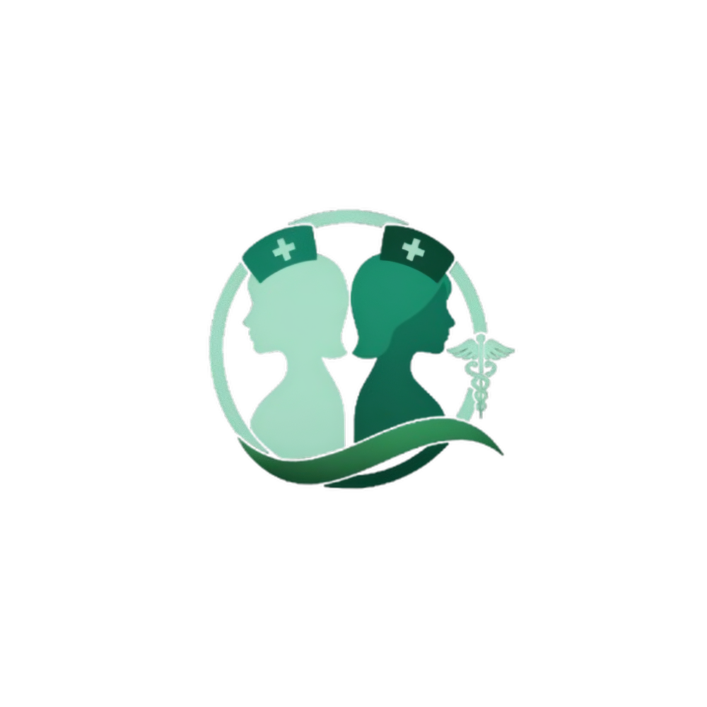 Logo médical vert avec deux silhouettes d'infirmières et un symbole du caducée