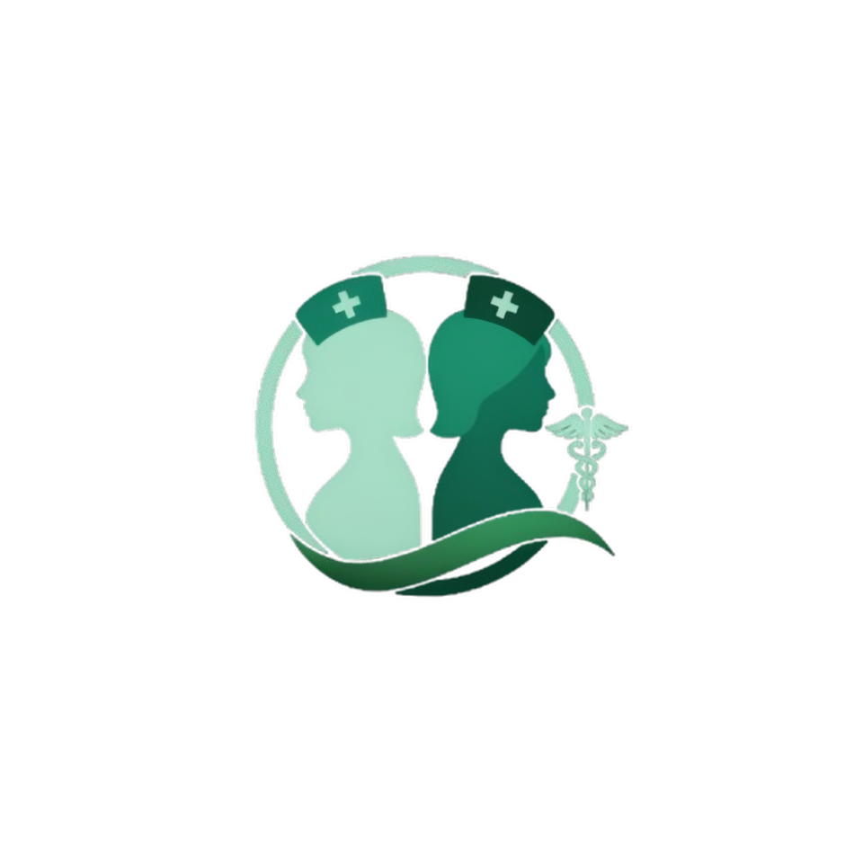 Logo médical vert avec deux profils d'infirmières et un symbole du caducée