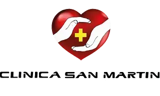 Logotipo: Corazón rojo con manos, cruz amarilla y texto “Clínica San Martín”.