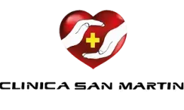 Logotipo: Corazón rojo con manos, cruz amarilla y texto “Clínica San Martín”.