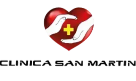 Corazón rojo con manos ahuecadas en una cruz amarilla. Nombre de la clínica: «CLINICA SAN MARTÍN» debajo.