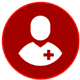Círculo rojo con un ícono de persona y un signo más, que indica atención médica o proveedor de salud.