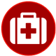 Círculo rojo con un icono de botiquín de primeros auxilios blanco.