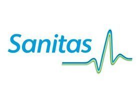 Logotipo de Sanitas, texto azul con línea de latidos de corazón verde y azul.