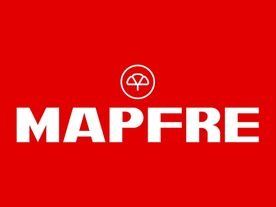 Logotipo de seguros MAPFRE sobre fondo rojo: texto blanco y un icono de paraguas.