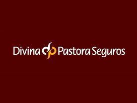 Logotipo para la compañía de seguros Divina Pastora Seguros: texto blanco sobre fondo granate, con símbolo 'dp' estilizado.
