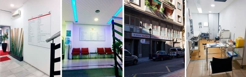 Cuatro escenas: interior de la clínica con sala de espera, vista de la calle de un edificio y un espacio de oficina.