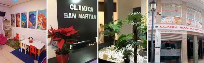 Clínica San Martín con sala de espera, recepción, interior y exterior.