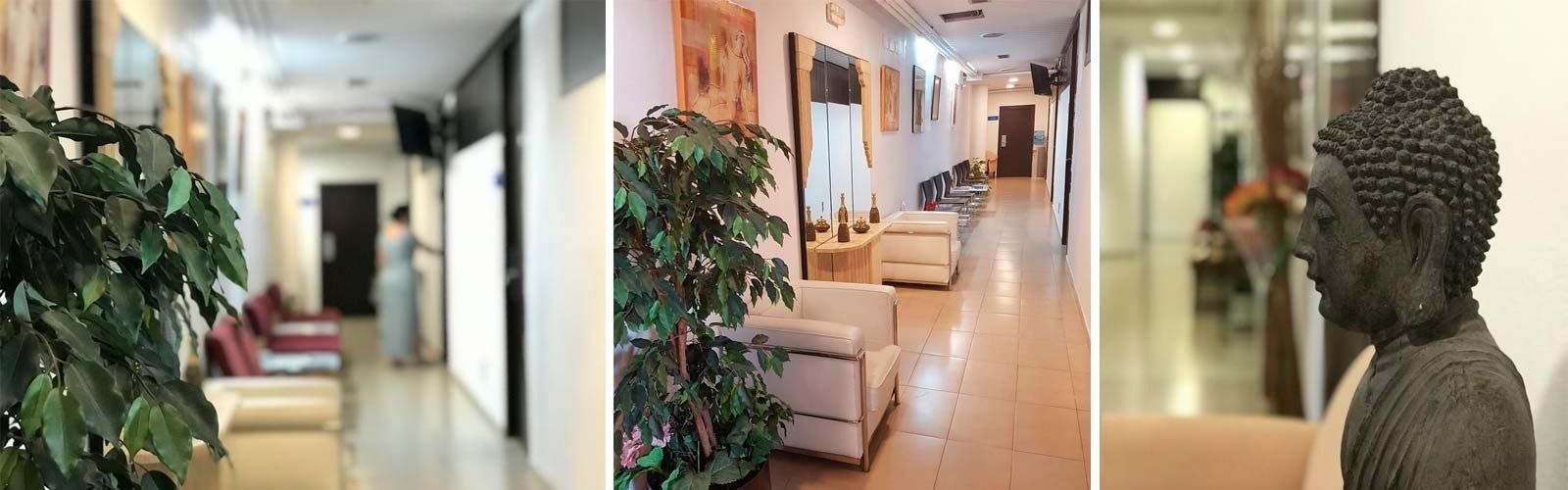 Pasillo con asientos, arte y una estatua de Buda.