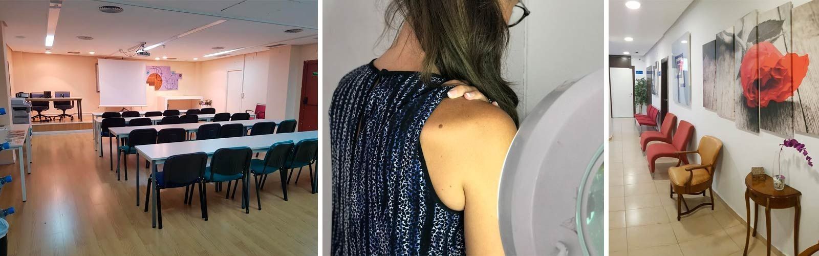 Un aula, el hombro de una mujer y un pasillo con sillas y arte.