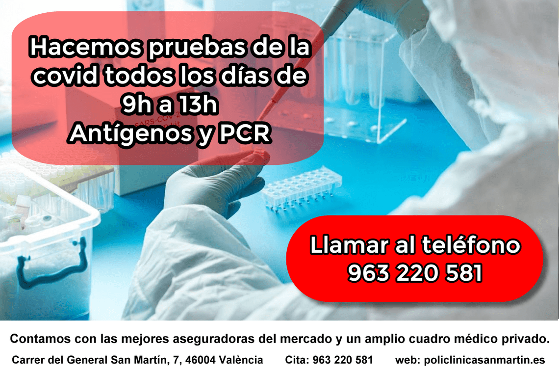 Anuncio que ofrece pruebas de COVID (antígeno y PCR) todos los días de 9:00 a 13:00. Incluye número de teléfono e información sobre el seguro.
